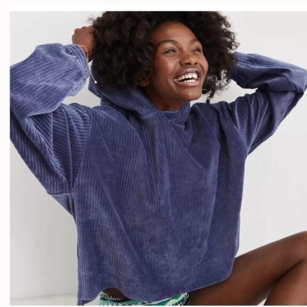 Aerie Corduroy Groove-On Velour Hoodie Fresh Bright Blue
